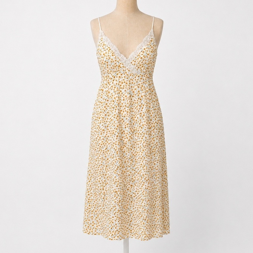 Ditsy Floral Lace Sunflower Slip Dress Size S Yellow Cottagecore Fairy Coquette